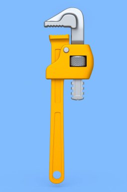 Adjustable pipe wrench, spanner or plumbing tool isolated on blue background.