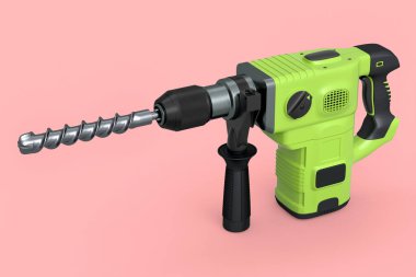 Electric drill with cord and attached metal bit, tool for repair on pink
