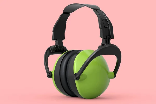 Grüne Kopfhörer-Schutzhüllen isoliert auf rosa Hintergrund — Stockfoto