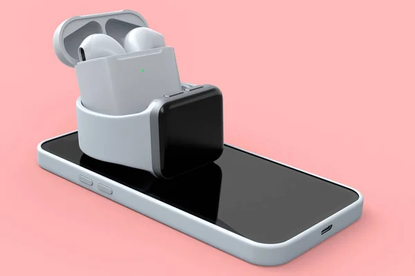 Mockup των έξυπνων ρολογιών και ασύρματα ακουστικά bluetooth που βρίσκονται στο smartphone. — Φωτογραφία Αρχείου