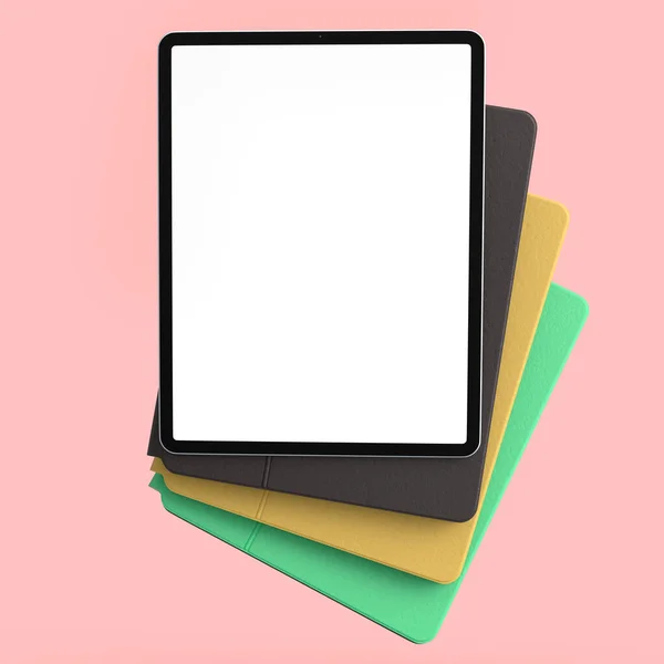 Set of computer tablets with cover case and blank screen isolated on pink. — Stock Photo, Image