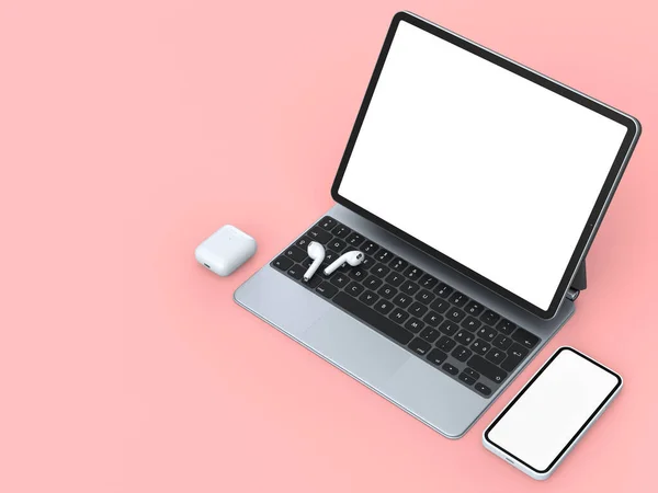 Aluminiowy Laptop Słuchawkami Różowym Tle Koncepcja Renderowania Kreatywnego Designerskiego Sprzętu — Zdjęcie stockowe