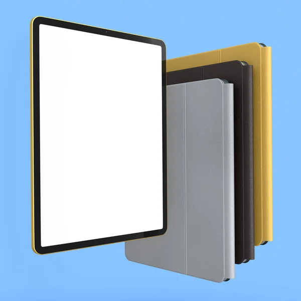 케이스와 파란색 배경에 컴퓨터 태블릿 렌더링 개념의 크리에이티브 디자이너 컴팩트 — 스톡 사진