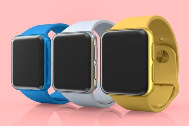 Pembe arka planda beyaz kayışı olan gümüş akıllı saatler. Giyilebilir aygıt sağlığı ve fitness izleyicisi için 3B yorumlama kavramı