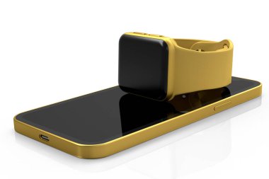 Akıllı telefonun beyaz arka planında duran akıllı saatlerin bir kopyası. Giyilebilir aygıt sağlık ve fitness izleyicisinin 3B görüntüleme konsepti