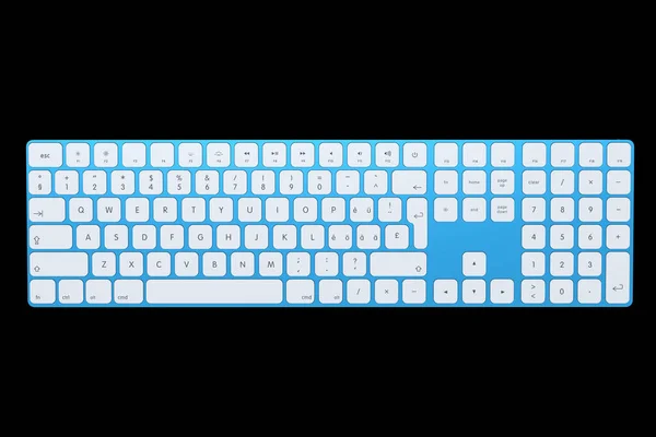Moderne blaue Aluminium-Computertastatur isoliert auf schwarzem Hintergrund. — Stockfoto