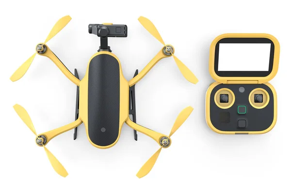 Foto e video drone o elicottero quad con action camera e remoto su bianco — Foto Stock