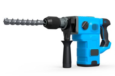 Kablosu ve metal parçası ile elektrikli matkap, beyaz üzerinde onarım aracı