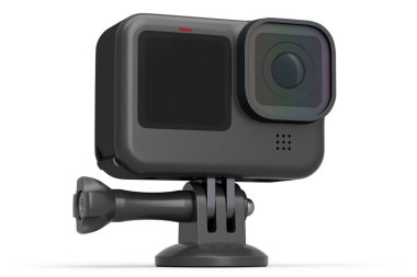 Beyaz arkaplanlı fotoğraf ve video hafif siyah aksiyon kamerası. Sporcular ve seyahatçiler için profesyonel fotoğrafçılık ekipmanlarının 3B yorumlanması