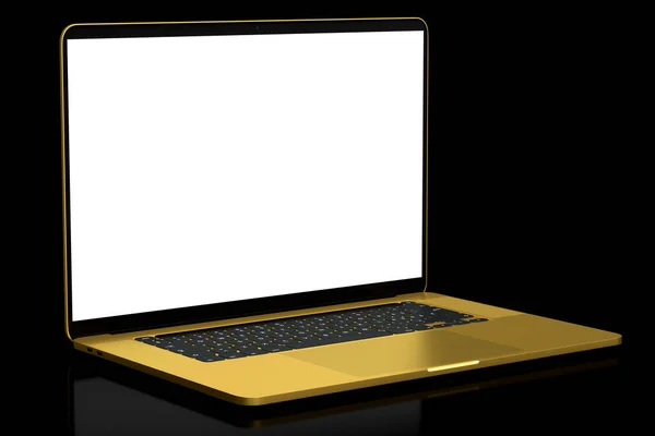 Realistischer Aluminium-Laptop mit leerem weißen Bildschirm isoliert auf schwarzem Hintergrund. — Stockfoto