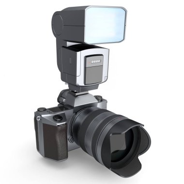 Lensli ve beyaz üzerinde harici flaş ışığı olan var olmayan DSLR kamera.