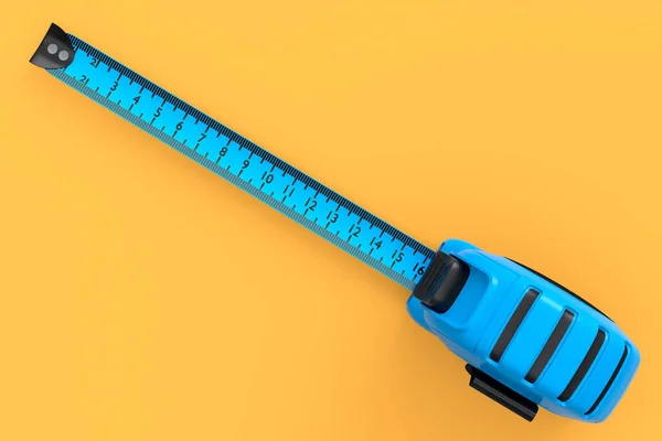 Blue carpenter measuring tape isolated on yellow with imperial units scale. — Stock Photo, Image