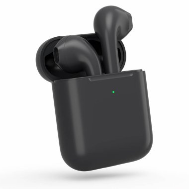 Siyah çantadaki kablosuz bluetooth kulaklıklar beyaz arka planda izole edilmiş. Müzik dinlemek ya da evden uzak çalışmak için aksesuarların 3B görüntülenmesi