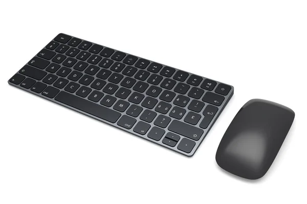 白の背景に隔離された現代の黒アルミコンピュータのキーボードとマウス ホームオフィスやワークスペースのためのギアの3Dレンダリング — ストック写真
