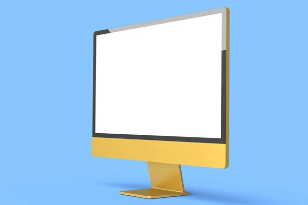 Realistisches Gelbes Computerbildschirmdisplay Mit Tastatur Und Maus Isoliert Auf Blauem — Stockfoto