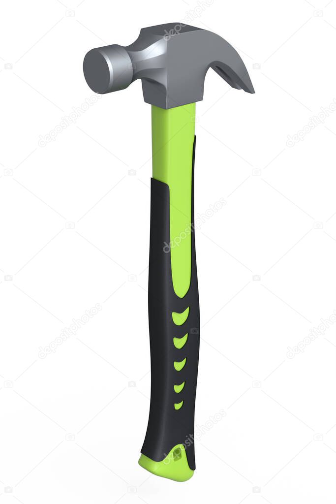 Black and green hammer with a rubberized handle isolated on white background. 3d render and illustration of tool for repair and building