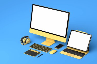 Mavi arka planda klavyesi, faresi, dizüstü bilgisayarı ve kulaklığı olan bir masaüstü bilgisayarı. Yaratıcı tasarım ekipmanları ve kompakt çalışma alanı 3 boyutlu oluşturma
