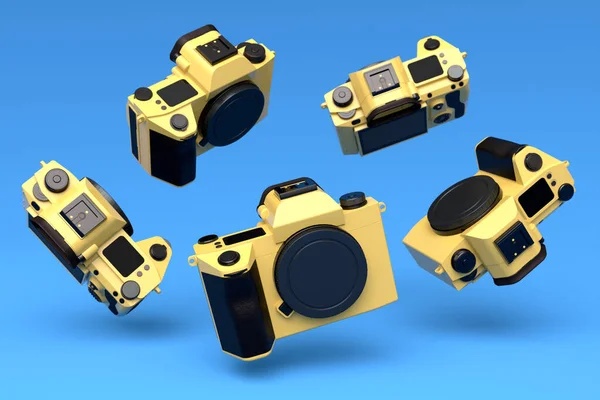 Mavi Zemin Üzerinde Uçan Altın Renkli Dslr Kameraların Ayarları Görüntüleme — Stok fotoğraf