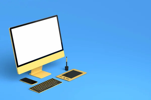 青い背景にキーボード デジタルタブレットとデスクトップコンピュータ 創造的なデザイナー機器とコンパクトなワークスペースの3Dレンダリング — ストック写真