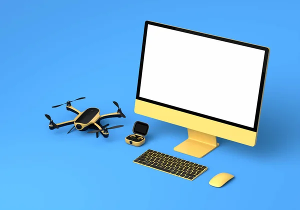 Computer Desktop Con Tastiera Mouse Drone Controller Sfondo Blu Rendering — Foto Stock