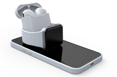 Akıllı saatlerin ve kablosuz bluetooth kulaklıkların beyaz arka plandaki akıllı telefonların bir kopyası. Giyilebilir aygıt sağlığı ve sağlık takip cihazı ve kulaklıklı cep telefonu kavramı