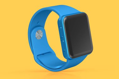 Turuncu arka planda mavi deri kayışı olan paslanmaz akıllı saat. Giyilebilir aygıt sağlığı ve fitness izleyicisi için 3B yorumlama kavramı