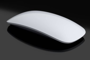 Siyah arka planda dokunuşu olan gerçekçi beyaz bilgisayar faresi. Ev ofisi ve çalışma alanı için kablosuz dizüstü bilgisayarın 3B görüntülemesi