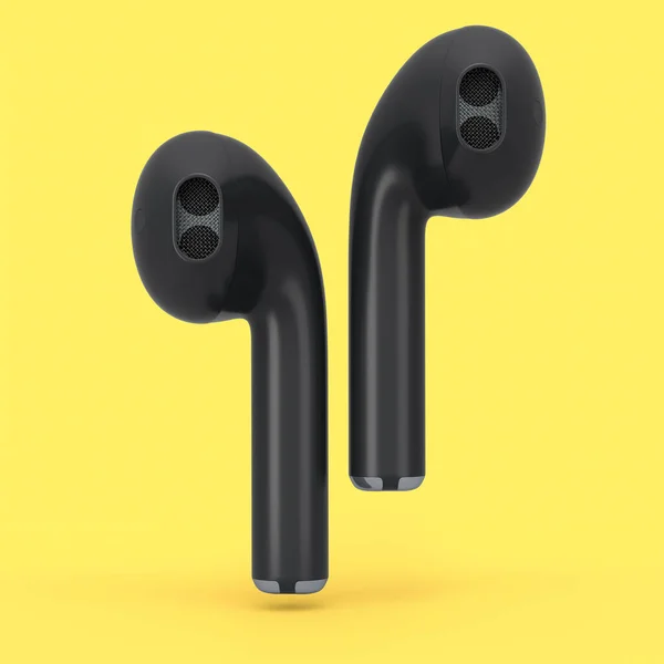 Auriculares Inalámbricos Bluetooth Negro Aislados Sobre Fondo Amarillo Representación Accesorios —  Fotos de Stock