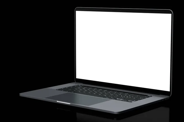黒の背景に隔離された空の白い画面表示と現実的なアルミノートパソコン 自宅スタジオのワークスペースのためのオープンポータブルコンピュータの3Dレンダリング — ストック写真