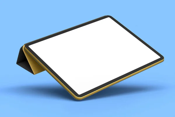 Computador Tablet Com Capa Ouro Lápis Isolado Fundo Azul Conceito Imagens De Bancos De Imagens