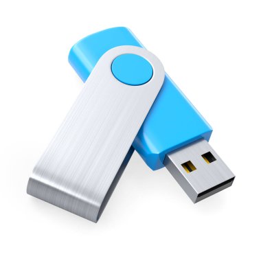 Taşınabilir mavi USB flaş bellek beyaz arkaplanda izole edildi. Ev işi stüdyo çalışma alanı için 3 boyutlu aksesuar hazırlama
