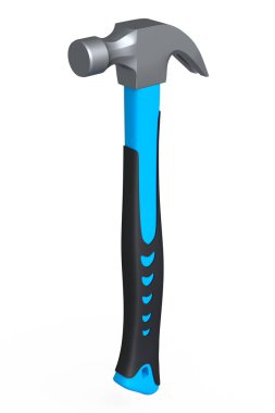 Siyah ve mavi çekiç, beyaz arka planda izole edilmiş lastik saplı. Tamir ve inşa etmek için kullanılan aracın 3d görüntülenmesi ve çizimi