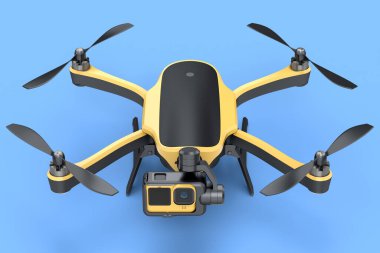 Uçan fotoğraf ve video sarı drone ya da kuadkopter mavi arka planda izole edilmiş kamera ile. Dağıtım veya hava fotoğrafçılığı için aygıtın 3B görüntülemesi