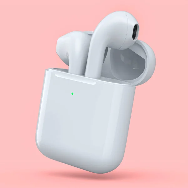 Auriculares Inalámbricos Bluetooth Estuche Blanco Aislados Sobre Fondo Rosa Representación —  Fotos de Stock