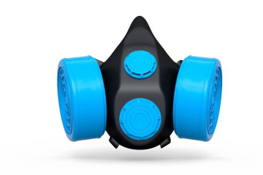 Beyaz arka planda gaz maskesi. Profesyonel kullanım kimyasal, boya veya restorasyon için solunum cihazının 3D görüntülenmesi ve çizimi.