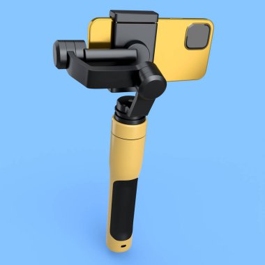 Sistemli ve özçekim çubuklu gerçekçi akıllı telefon mavi arka planda izole edilmiş. Fotoğraf ve portre çekmek için 3B telefon şablonu