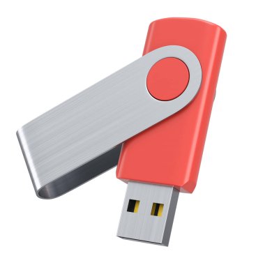 Taşınabilir kırmızı USB flaş bellek beyaz arkaplanda izole edildi. Ev işi stüdyo çalışma alanı için 3 boyutlu aksesuar hazırlama