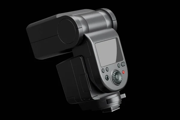 Fotocamera Esterna Flash Speedlight Isolato Sfondo Nero Rendering Illustrazione Attrezzature — Foto Stock