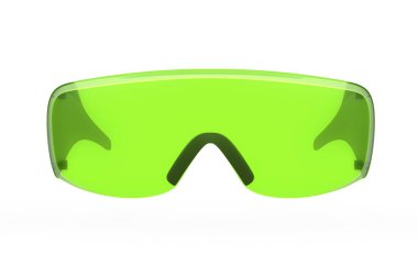 Koruyucu yeşil plastik gözlük ya da gözlük beyaz arka planda izole edilmiş. Onarım ve kurulum için aracın 3d görüntüleme ve resimlemesi