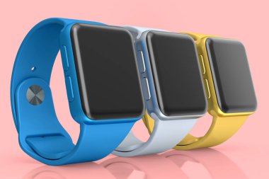 Pembe arka planda beyaz kayışı olan gümüş akıllı saatler. Giyilebilir aygıt sağlığı ve fitness izleyicisi için 3B yorumlama kavramı