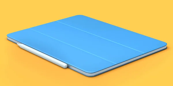Computertablet Met Blauwe Omslag Potlood Geïsoleerd Oranje Achtergrond Rendering Concept — Stockfoto