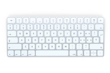 Modern alüminyum klavye beyaz arkaplanda izole edildi. Ev ofisi ve çalışma alanı için 3B ekipman hazırlama