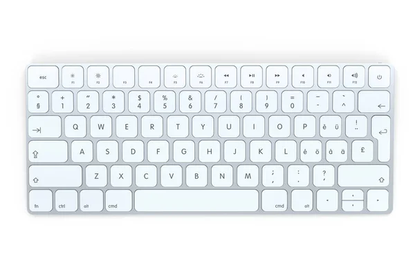 现代铝制计算机键盘在白色背景下被隔离 家庭办公室和工作空间装备的三维绘制 — 图库照片