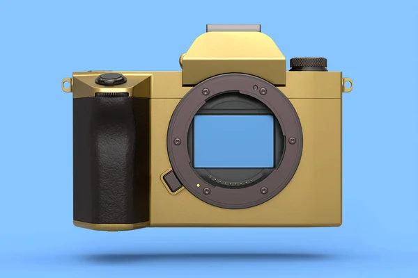 Concept Van Niet Bestaande Gouden Dslr Camera Geïsoleerd Blauwe Achtergrond — Stockfoto