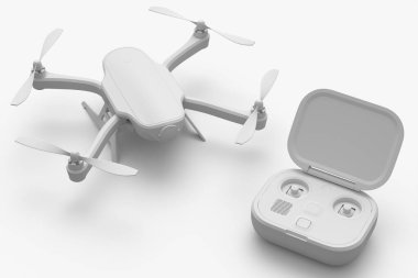 Kamera ve uzaktan kumandalı beyaz monokrom arka planlı fotoğraf ve video drone veya dörtlü helikopter. Dağıtım ya da hava fotoğrafçılığı için 3B aygıt hazırlayıcı