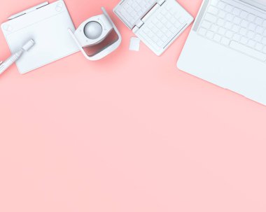Dizüstü bilgisayar, tablet, kalibratör ve siyah arkaplan üzerindeki renk paleti gibi tasarımcıların çalışma alanlarının ve teçhizatlarının üst görüntüsü. İllüstratör ve fotoğrafçılık araçları için aksesuarların 3d görüntülenmesi