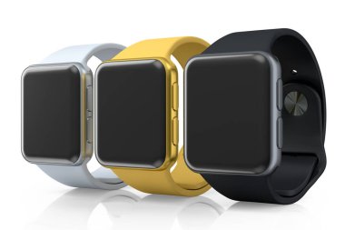 Beyaz arka planda siyah kayışı olan gümüş akıllı saatler. Giyilebilir aygıt sağlığı ve fitness izleyicisi için 3B yorumlama kavramı