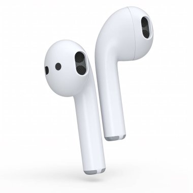 Kablosuz bluetooth beyaz kulaklıklar beyaz arka planda izole edilmiş. Müzik dinlemek ya da evden uzak çalışmak için aksesuarların 3B görüntülenmesi