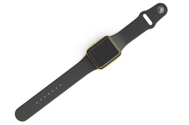 Beyaz arka planda siyah kayışı olan paslanmaz altın rengi akıllı saat. Giyilebilir aygıt sağlığı ve fitness izleyicisi için 3B yorumlama kavramı