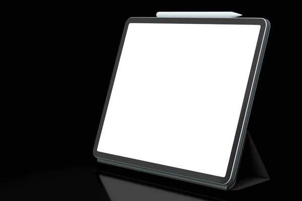 电脑平板 蓝色外壳 铅笔隔离在黑色背景上 创意设计设备和紧凑工作空间的3D渲染概念 — 图库照片